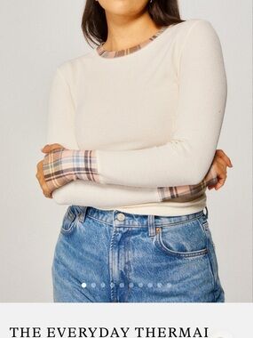 Cream Long-Sleeve Thermal Top with Plaid Trim